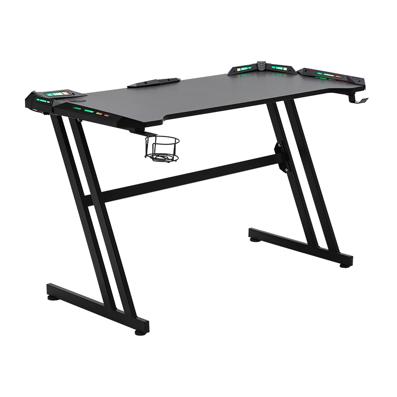 Fantastica scrivania per computer professionale RGB, tavolo per PC, tavolo da gioco con portabicchieri e gancio per auricolari